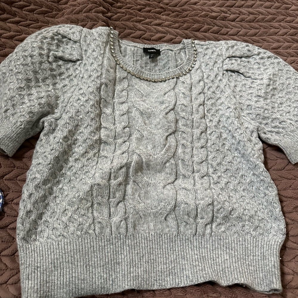 Express grey stoned neck sweater, medium